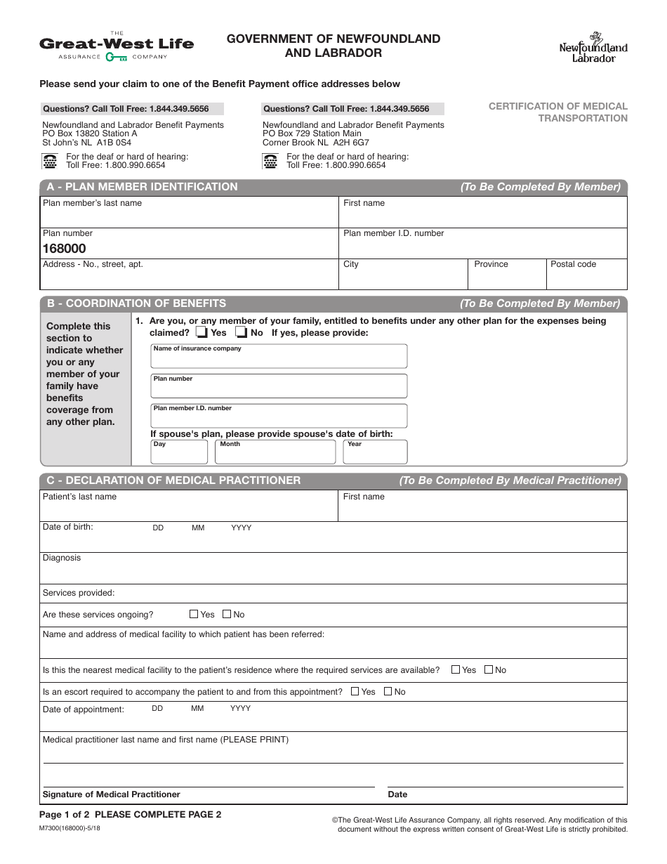 Form M7300 Certification of Medical Transportation - Newfoundland and Labrador, Canada, Page 1