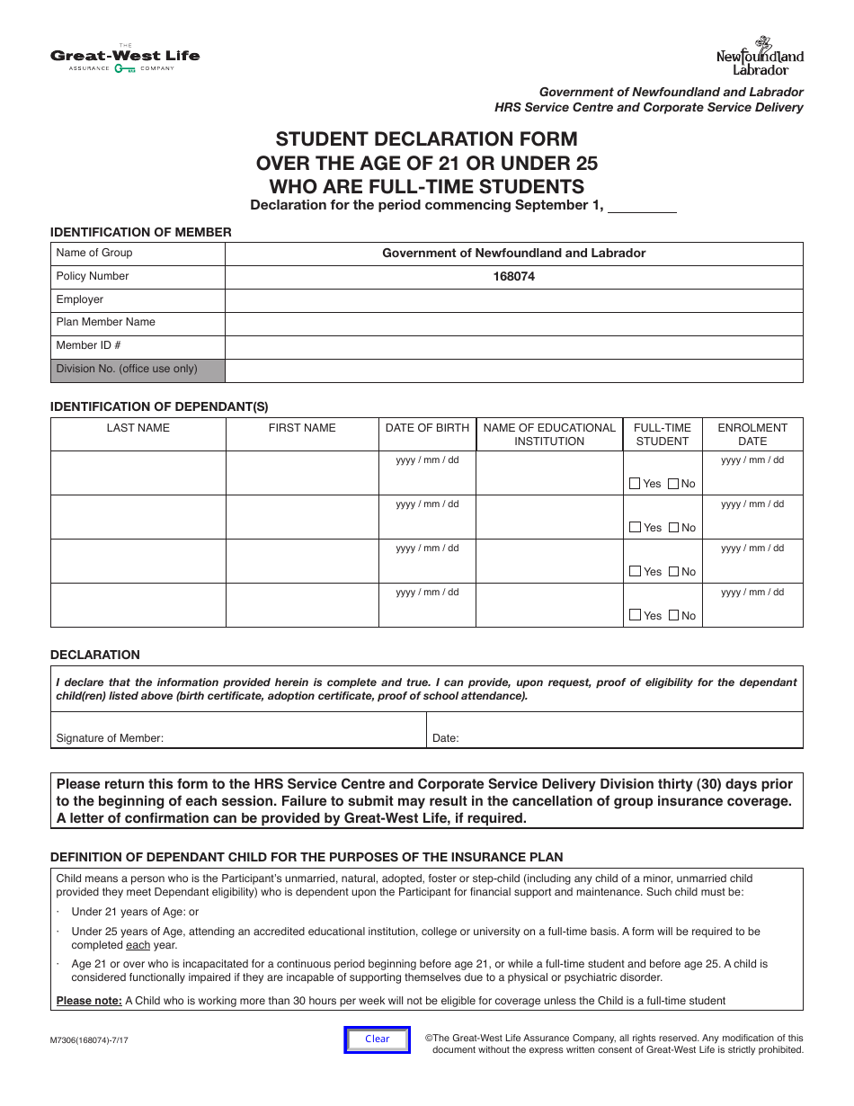 Form M7306 Student Declaration Form Over the Age of 21 or Under 25 Who Are Full-Time Students - Newfoundland and Labrador, Canada, Page 1