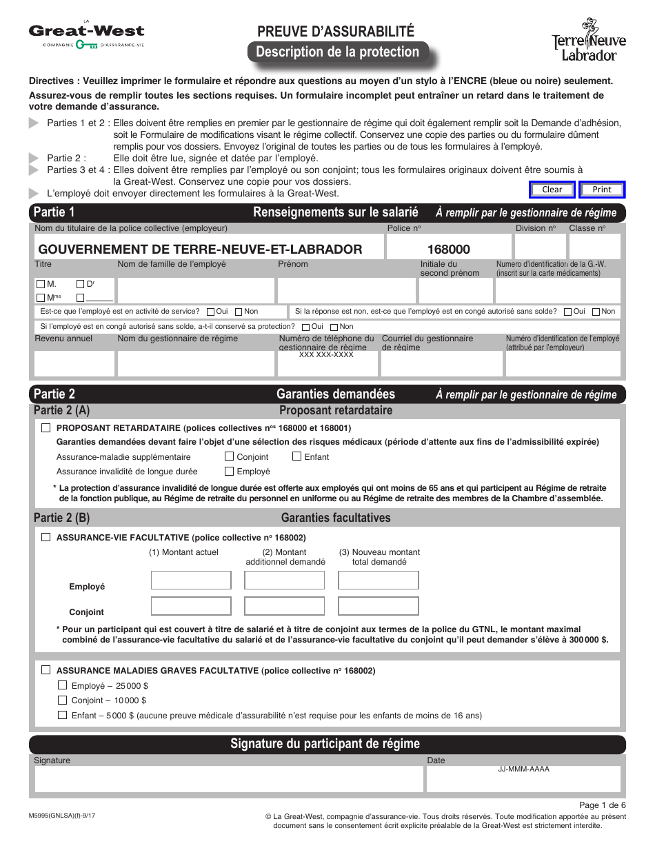 Forme M5995 Preuve Dassurabilite Description De La Protection - Newfoundland and Labrador, Canada (French), Page 1