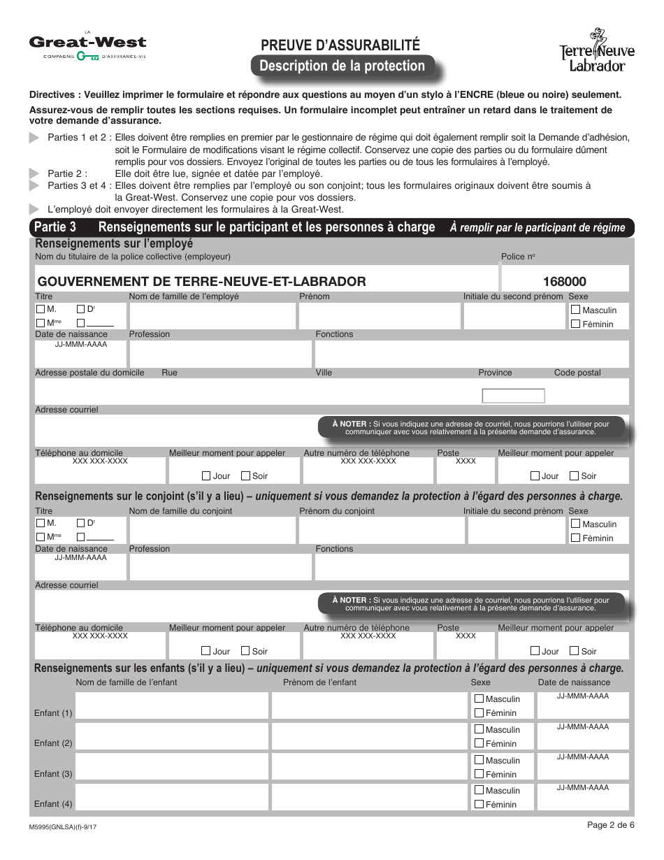 Forme M5995 Preuve Dassurabilite Description De La Protection - Newfoundland and Labrador, Canada (French), Page 2