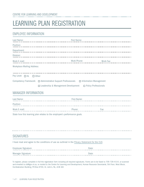Learning Plan Registration Form - Newfoundland and Labrador, Canada