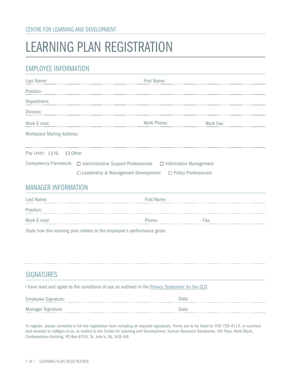 Learning Plan Registration Form - Newfoundland and Labrador, Canada, Page 1