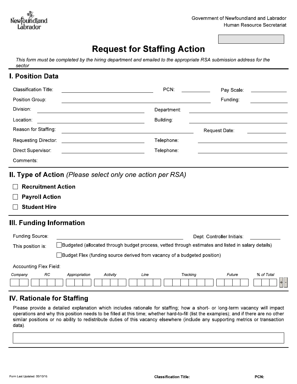 Request for Staffing Action - Newfoundland and Labrador, Canada, Page 1