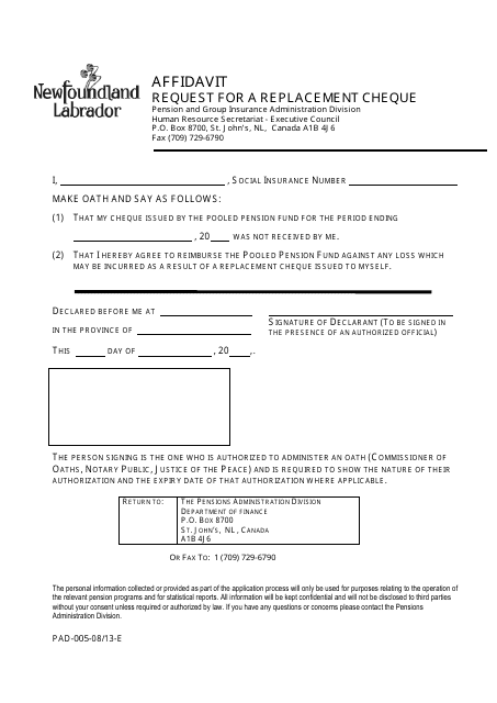 Form PAD-005 Affidavit - Request for a Replacement Cheque - Newfoundland and Labrador, Canada
