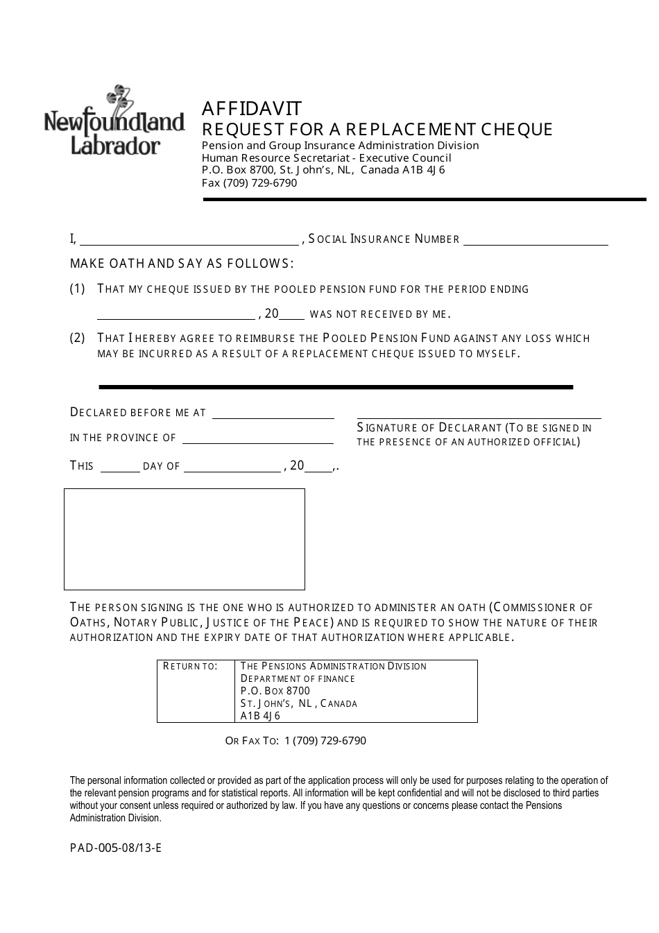 Form PAD-005 Affidavit - Request for a Replacement Cheque - Newfoundland and Labrador, Canada, Page 1