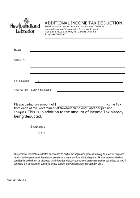 Form PAD-001 Additional Income Tax Deduction - Newfoundland and Labrador, Canada