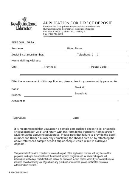 Form PAD-003 Application for Direct Deposit - Newfoundland and Labrador, Canada