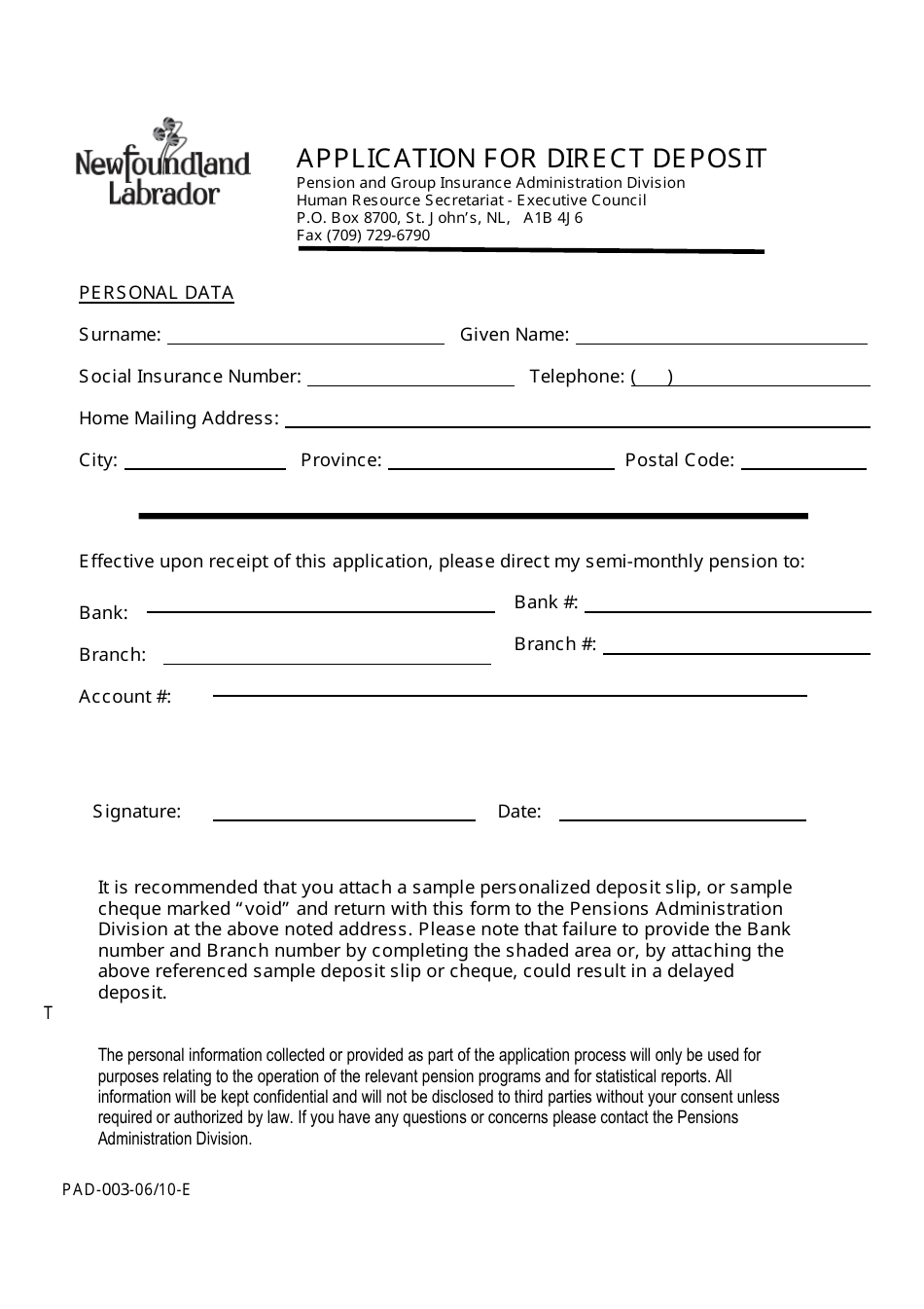 Form PAD-003 Application for Direct Deposit - Newfoundland and Labrador, Canada, Page 1