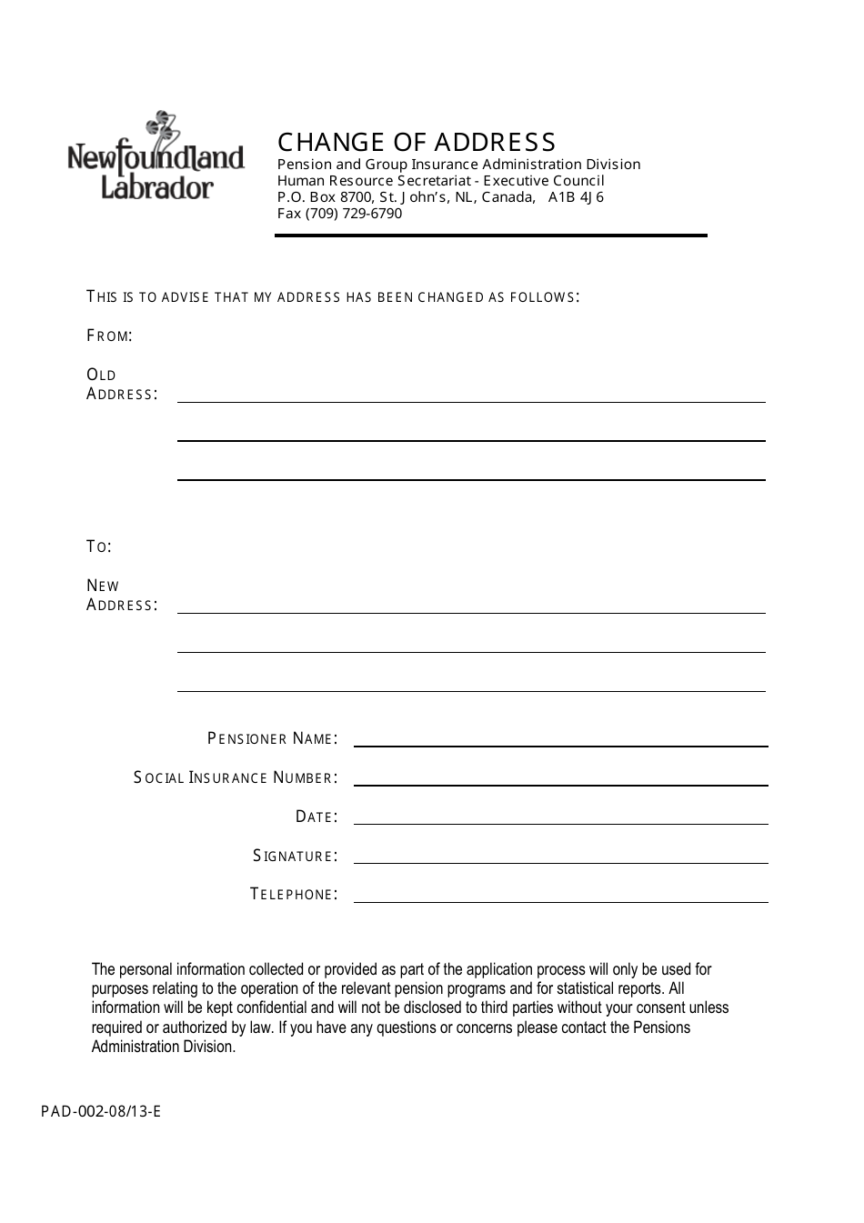 Form PAD-002 Change of Address - Newfoundland and Labrador, Canada, Page 1