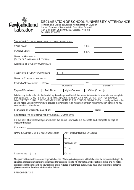 Form PAD-004 Declaration of School/University Attendance - Newfoundland and Labrador, Canada