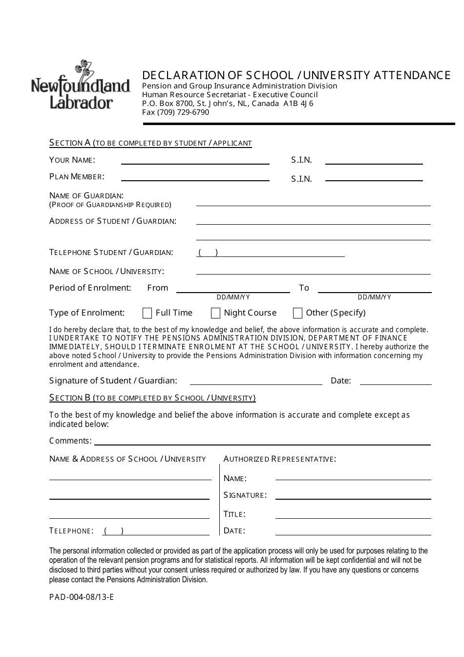 Form PAD-004 Declaration of School / University Attendance - Newfoundland and Labrador, Canada, Page 1