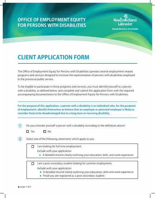 Client Application Form - Newfoundland and Labrador, Canada Download Pdf