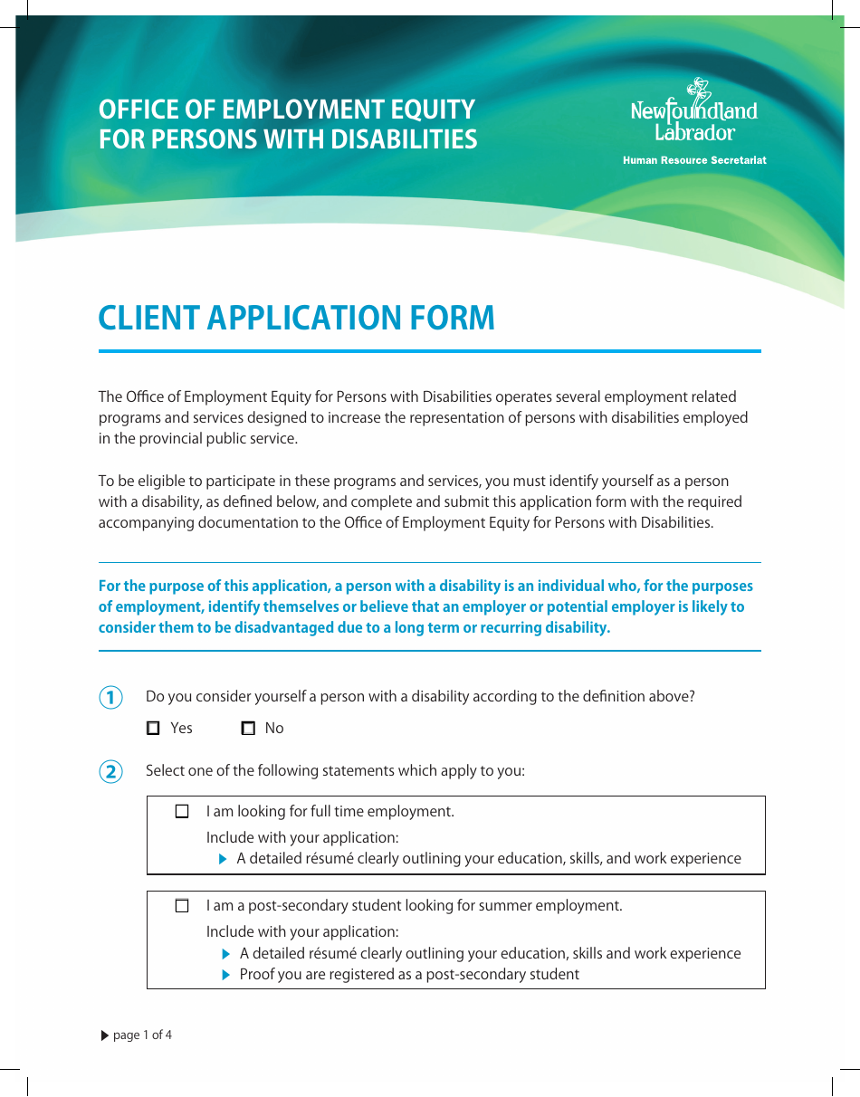 Client Application Form - Newfoundland and Labrador, Canada, Page 1