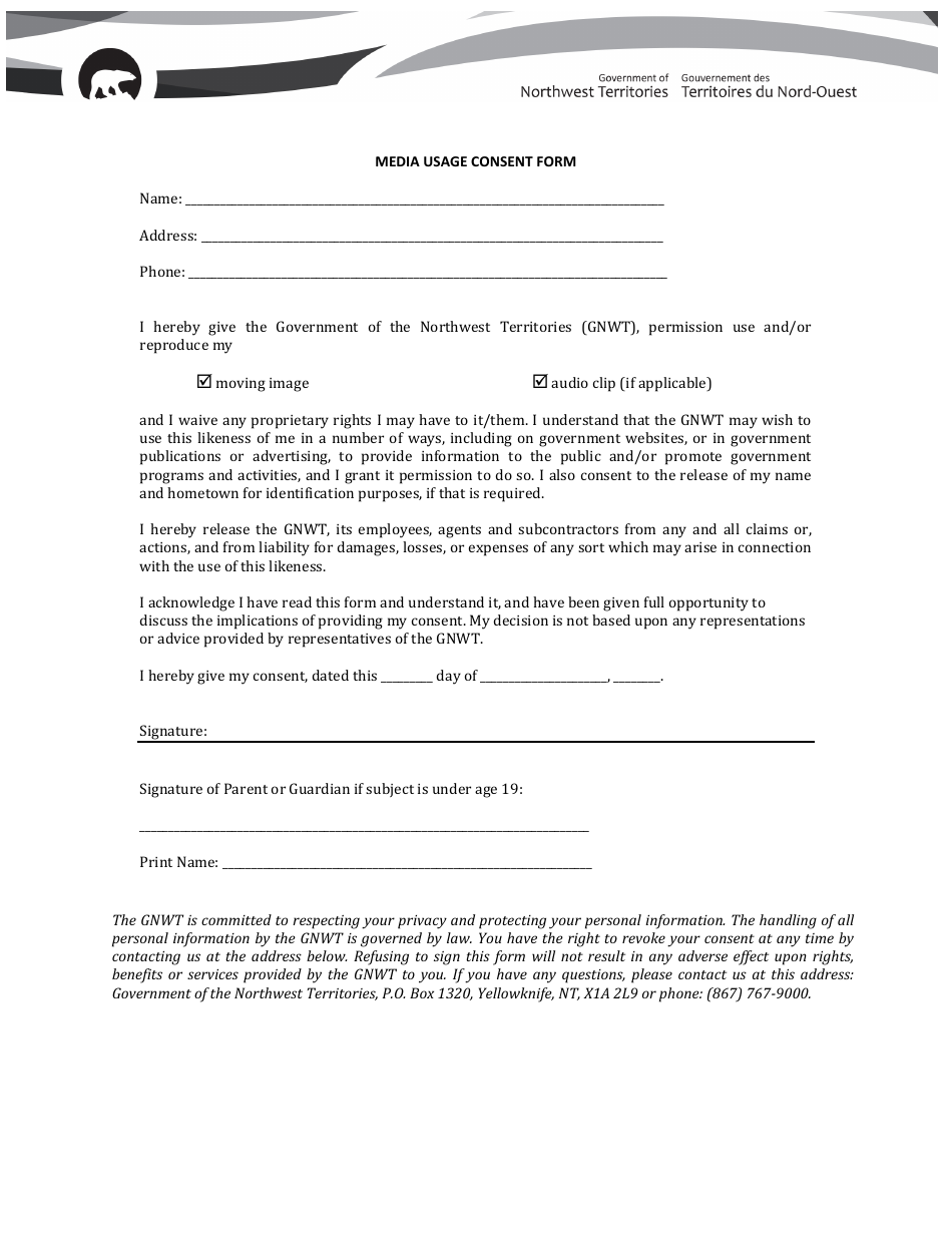 Media Usage Consent Form - Northwest Territories, Canada (English / French), Page 1