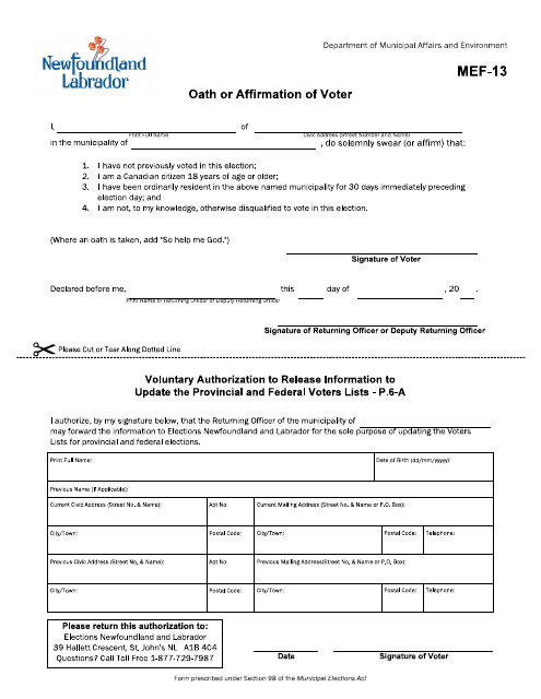 Form MEF-13 Oath or Affirmation of Voter - Newfoundland and Labrador, Canada