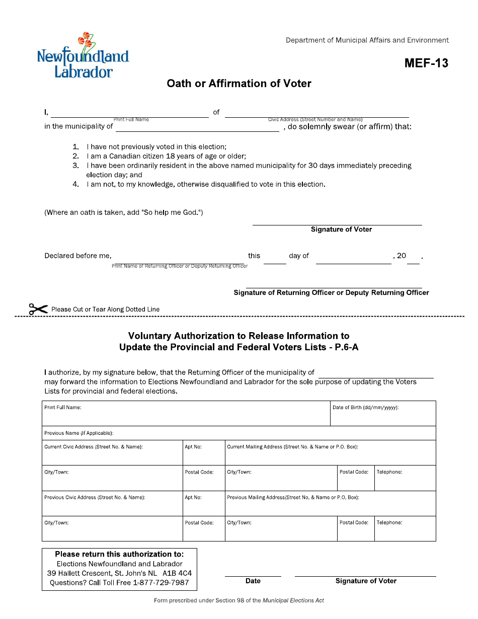 Form MEF-13 Oath or Affirmation of Voter - Newfoundland and Labrador, Canada, Page 1