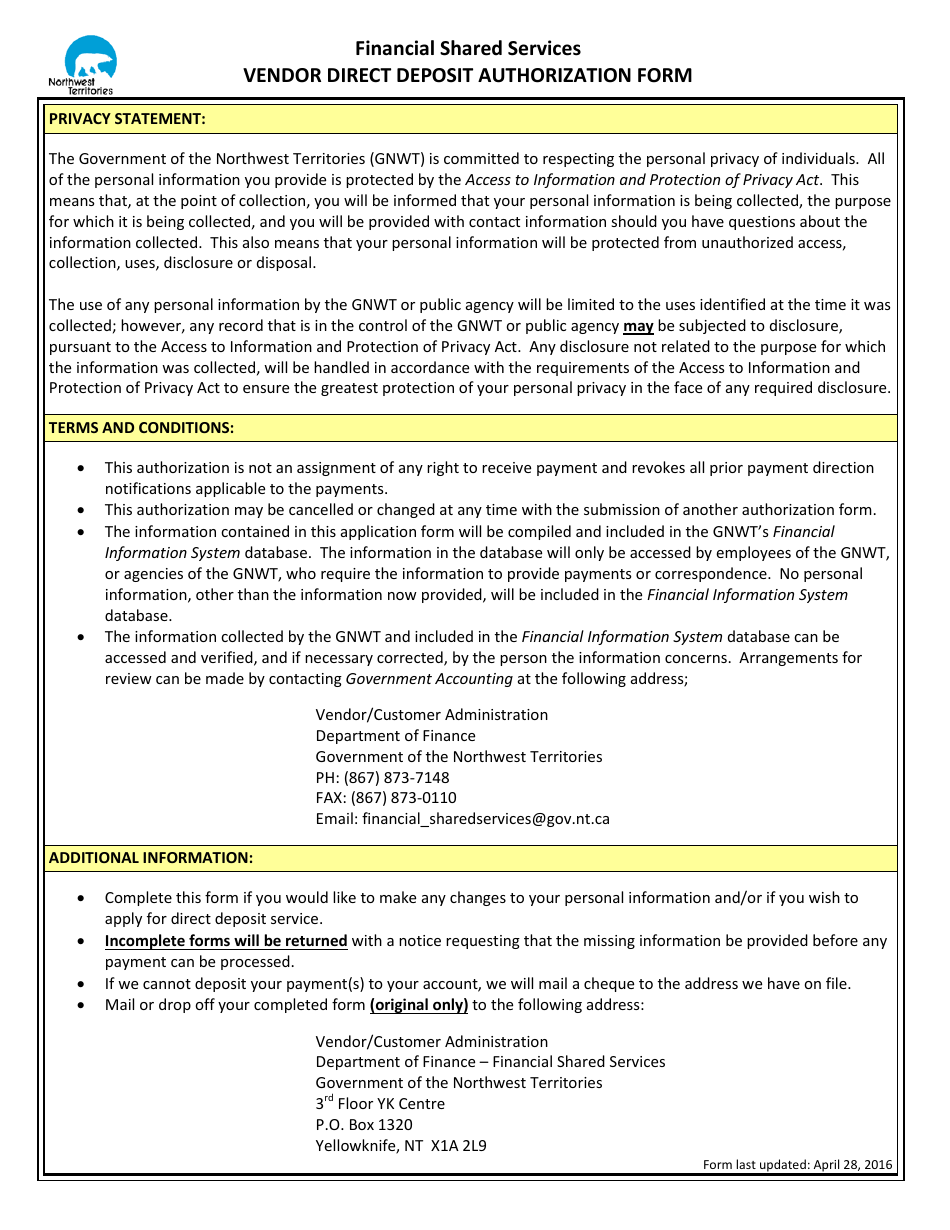 Vendor Direct Deposit Authorization Form - Northwest Territories, Canada, Page 2