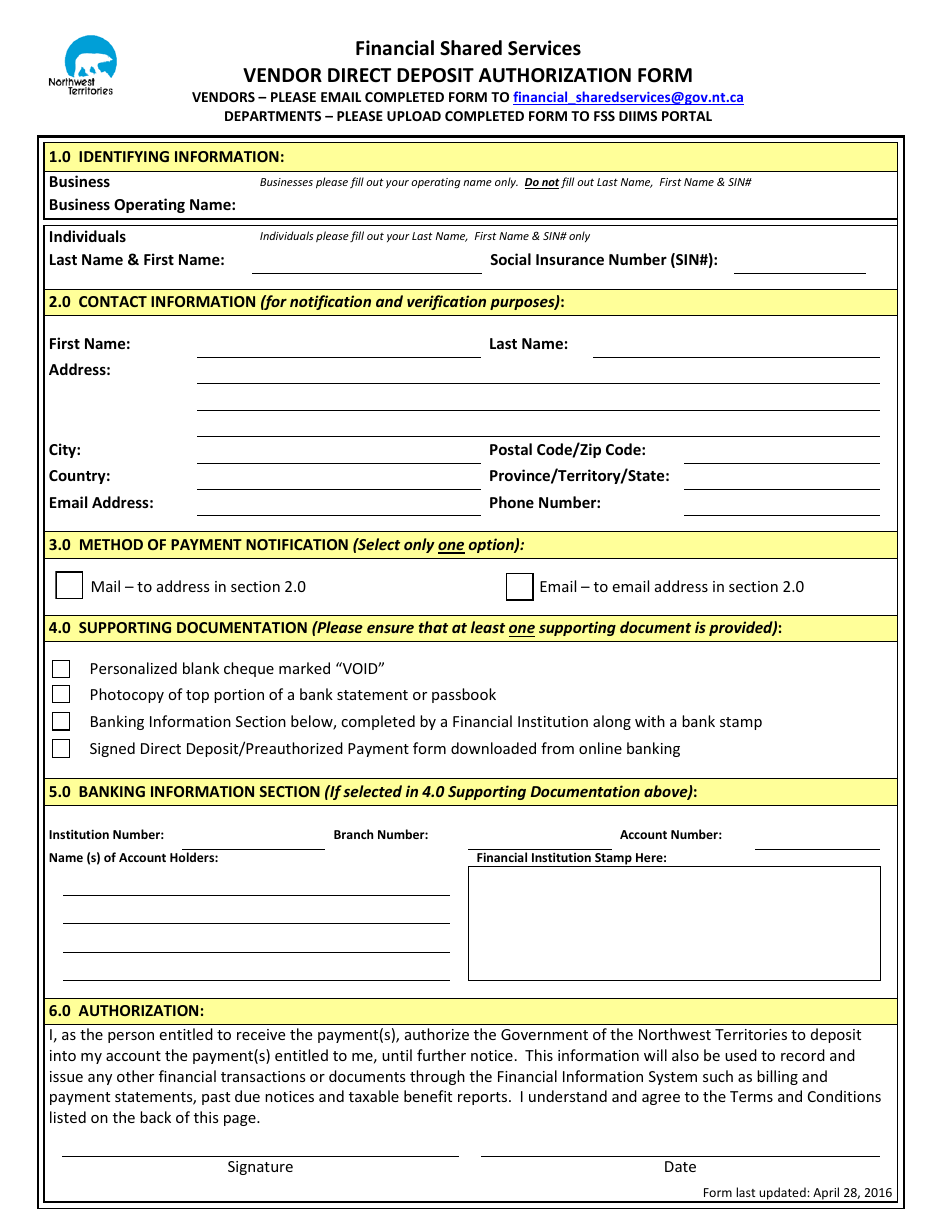 2016 canada vendor direct deposit authorization form download fillable pdf templateroller