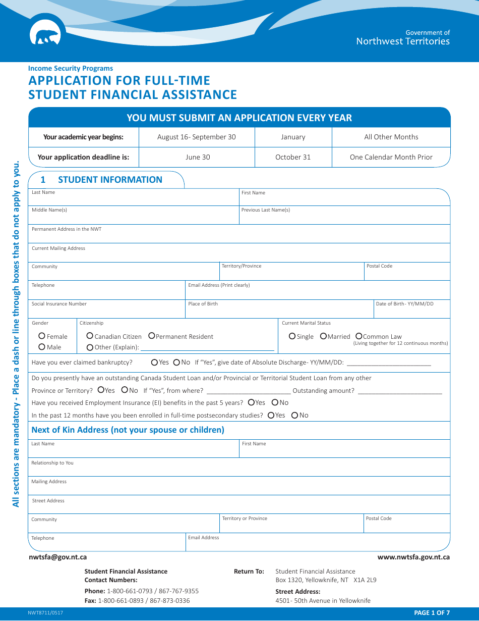 Form NWT8711 Application for Full-Time Student Financial Assistance - Northwest Territories, Canada, Page 1
