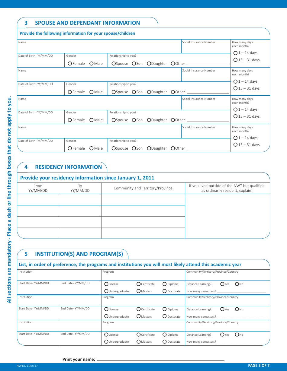 Form NWT8711 Application for Full-Time Student Financial Assistance - Northwest Territories, Canada, Page 3