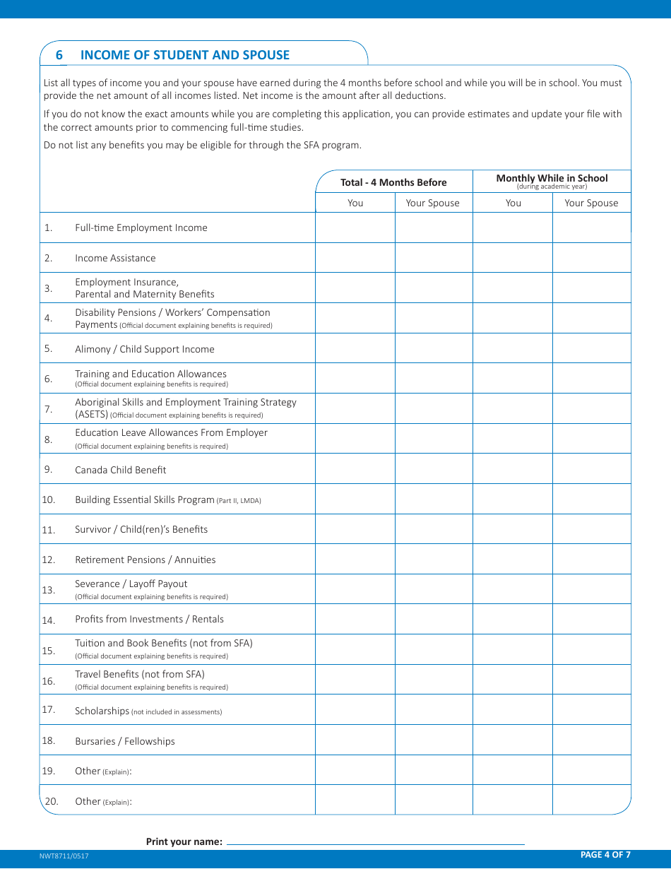 Form NWT8711 Application for Full-Time Student Financial Assistance - Northwest Territories, Canada, Page 4