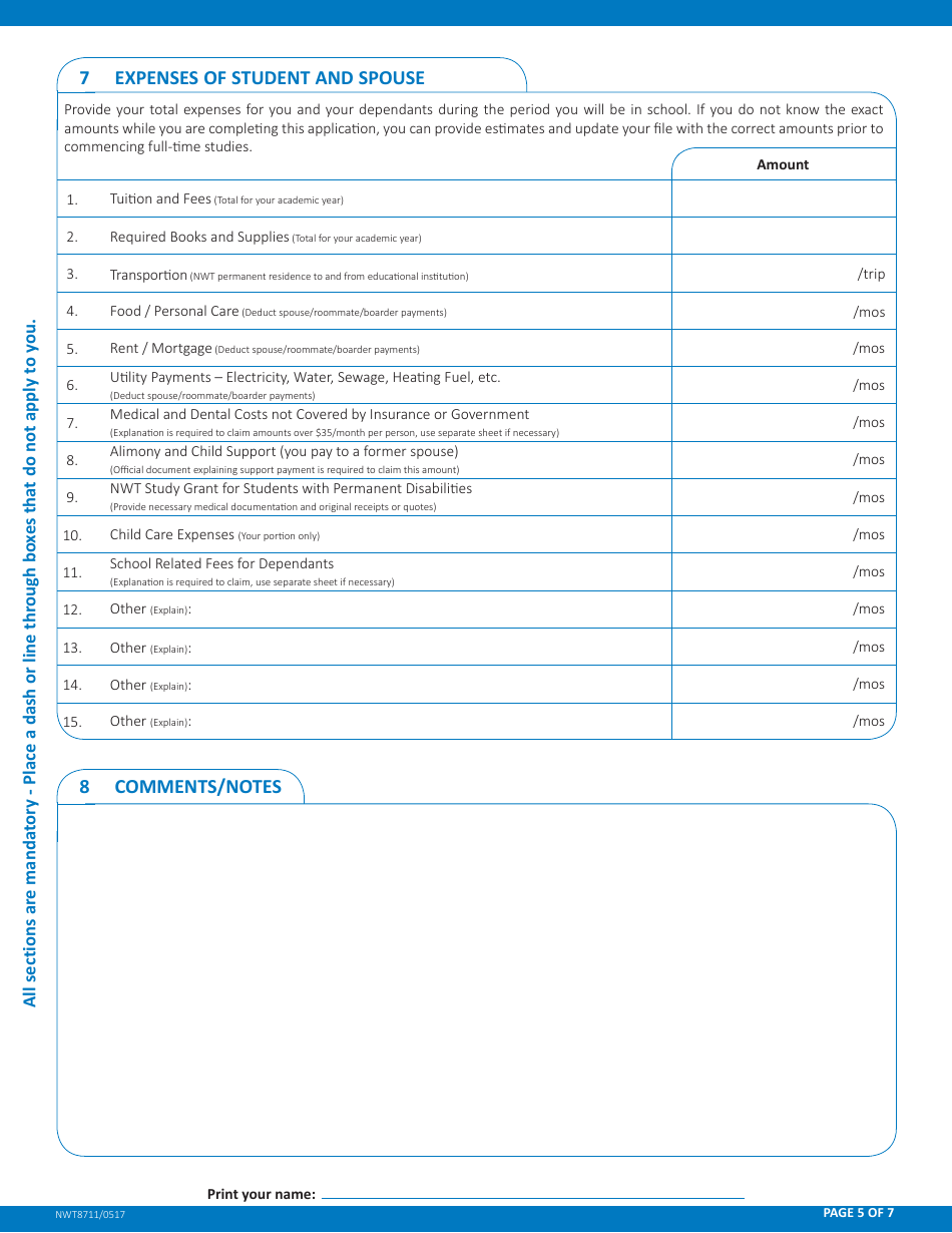 Form NWT8711 Application for Full-Time Student Financial Assistance - Northwest Territories, Canada, Page 5