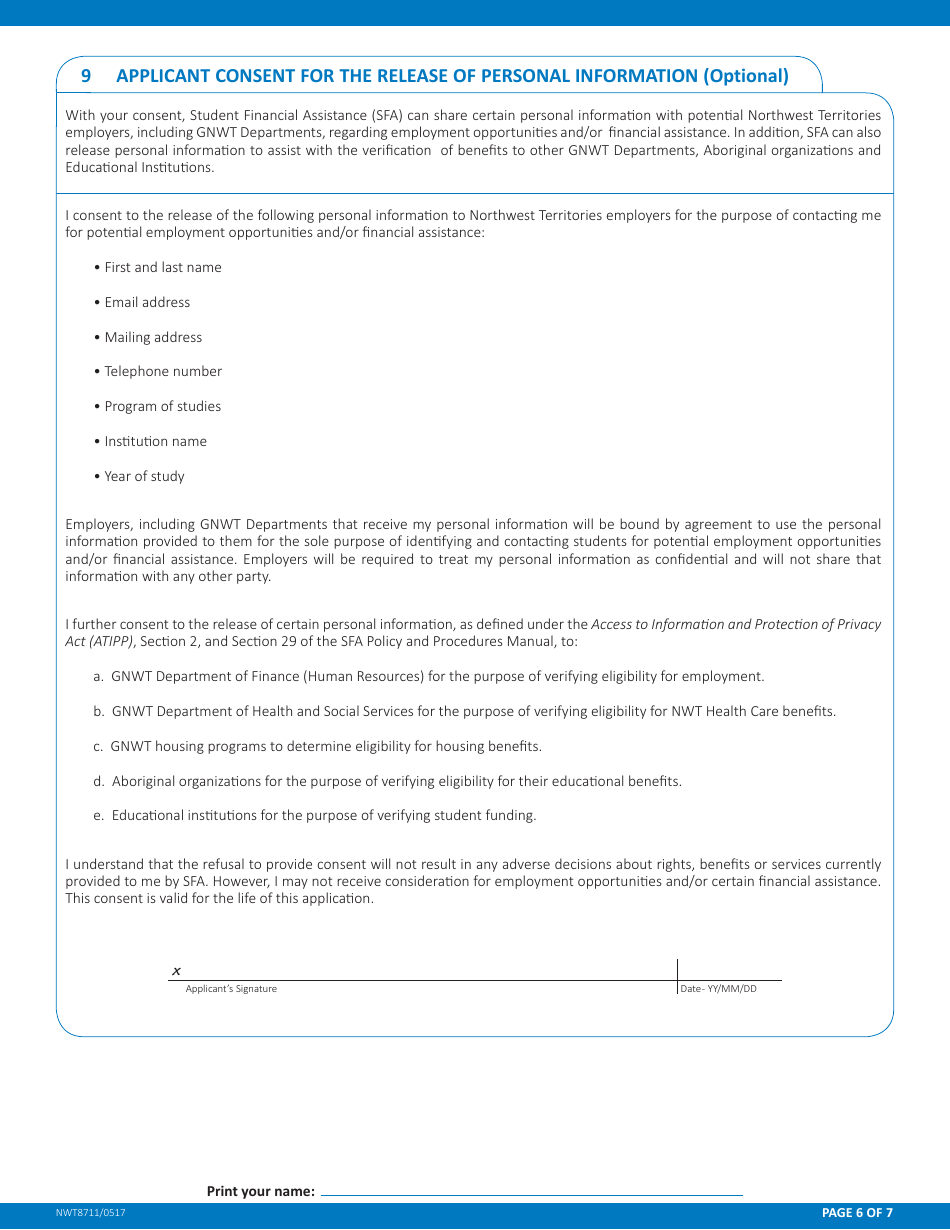 Form NWT8711 Application for Full-Time Student Financial Assistance - Northwest Territories, Canada, Page 6