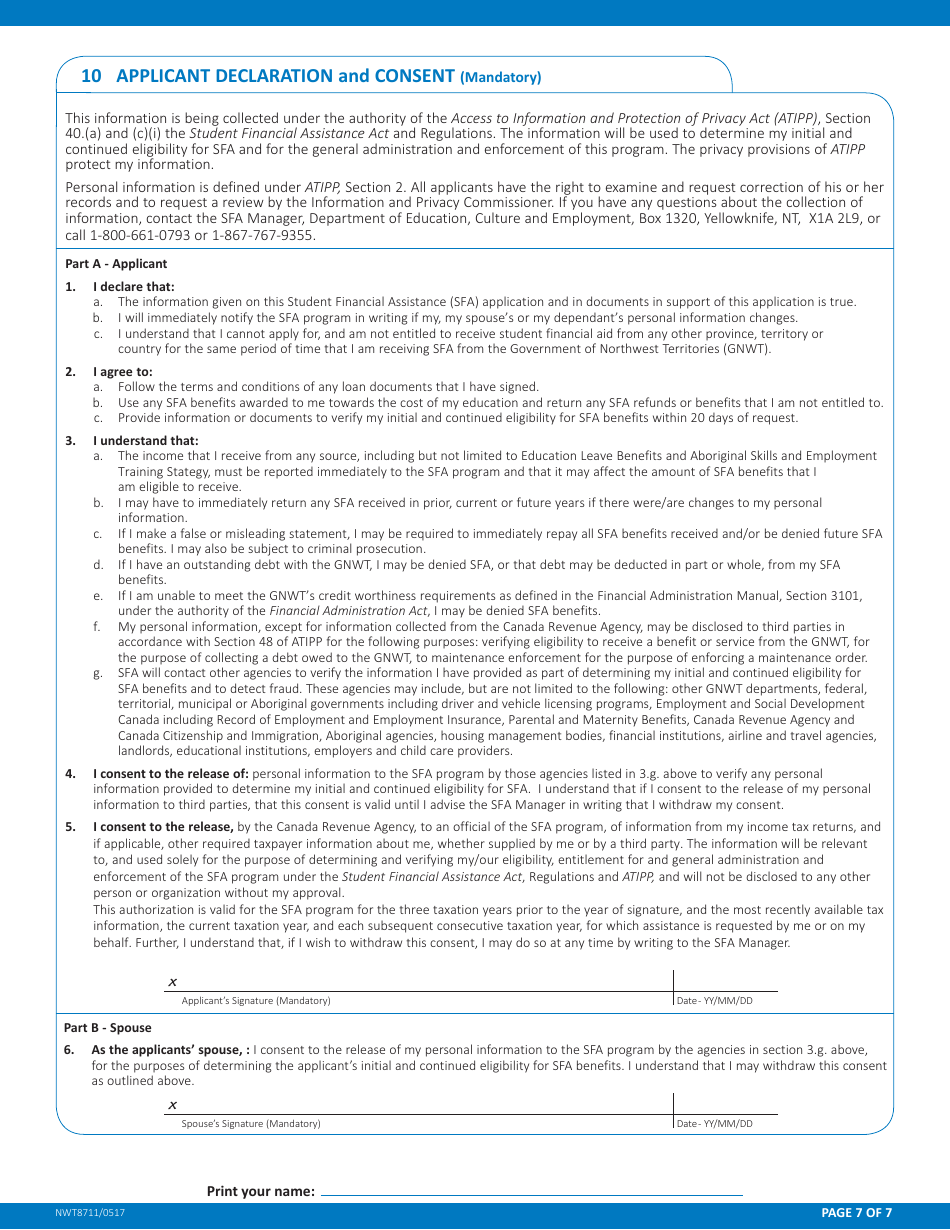 Form NWT8711 Application for Full-Time Student Financial Assistance - Northwest Territories, Canada, Page 7