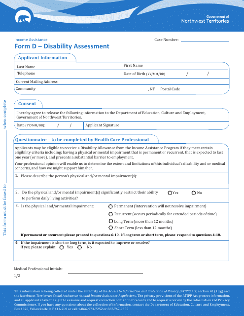 Form D Disability Assessment - Northwest Territories, Canada