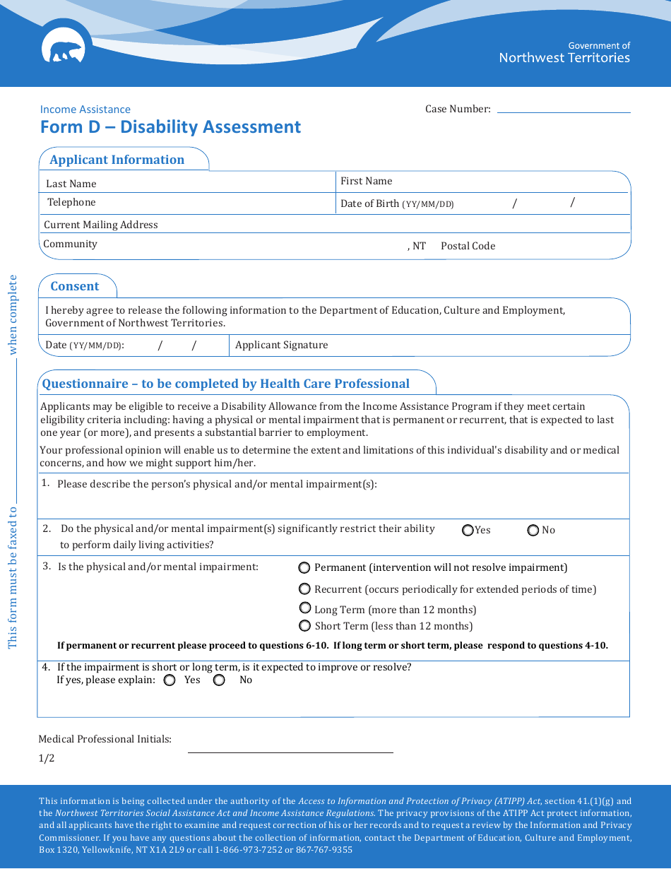 Form D Disability Assessment - Northwest Territories, Canada, Page 1
