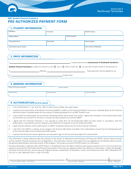 Form NWT9005 Pre-authorized Payment Form - Northwest Territories, Canada