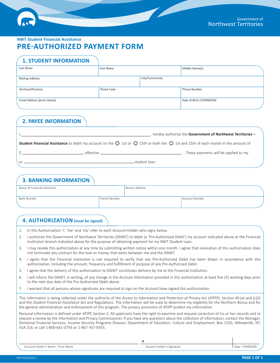 Form NWT9005 Pre-authorized Payment Form - Northwest Territories, Canada, Page 1