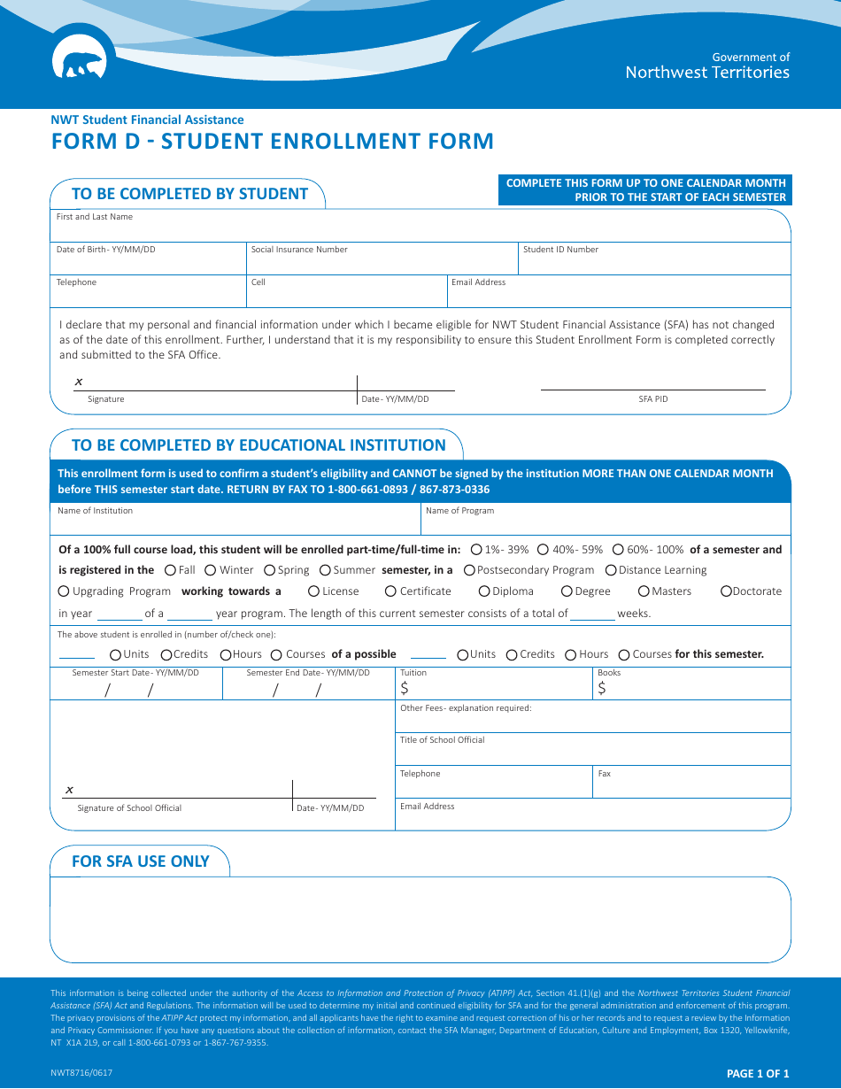 Form D (NWT8716) Student Enrollment Form - Northwest Territories, Canada, Page 1