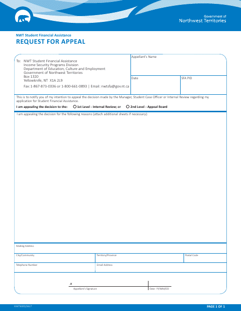 Form NWT9000 Request for Appeal - Northwest Territories, Canada