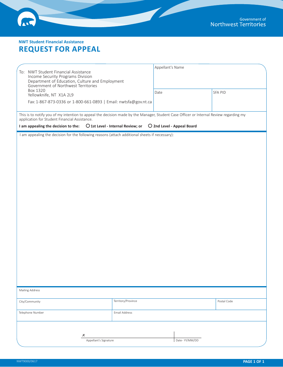 Form NWT9000 Request for Appeal - Northwest Territories, Canada, Page 1