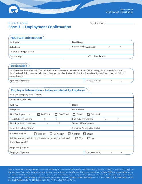 Form F Employment Confirmation - Northwest Territories, Canada