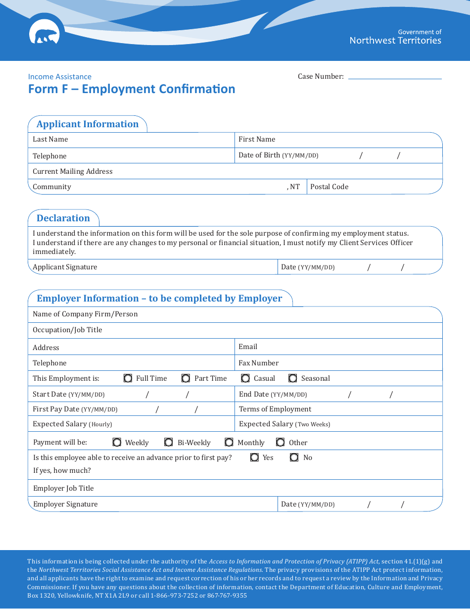 Form F Employment Confirmation - Northwest Territories, Canada, Page 1