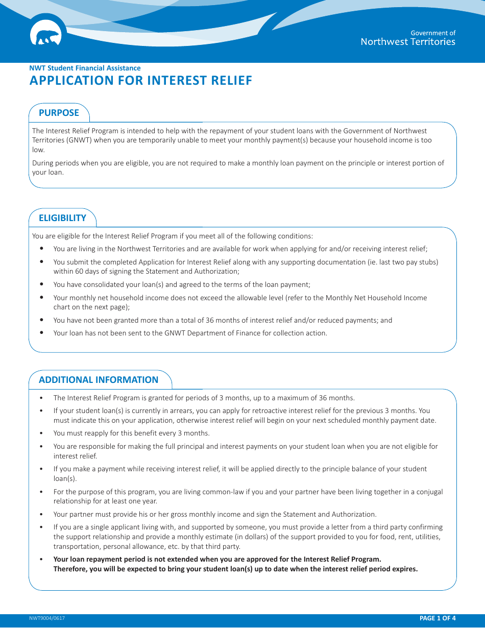 Form NWT9004 Application for Interest Relief - Northwest Territories, Canada, Page 1