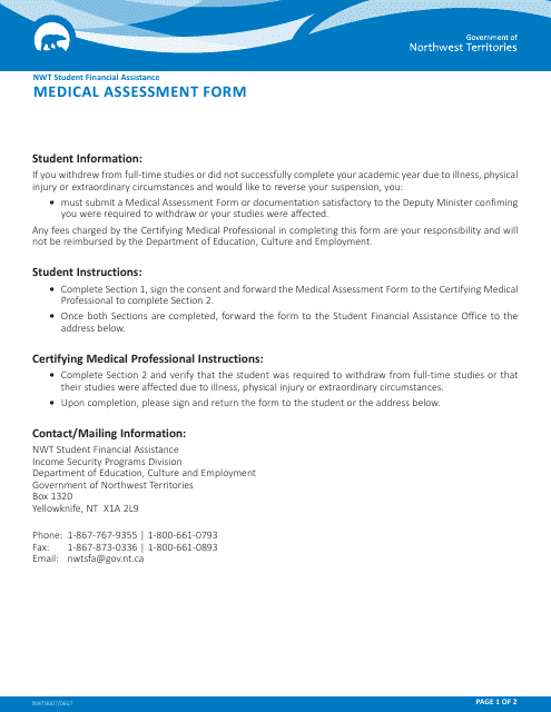 Form NWT9007 Medical Assessment Form - Northwest Territories, Canada