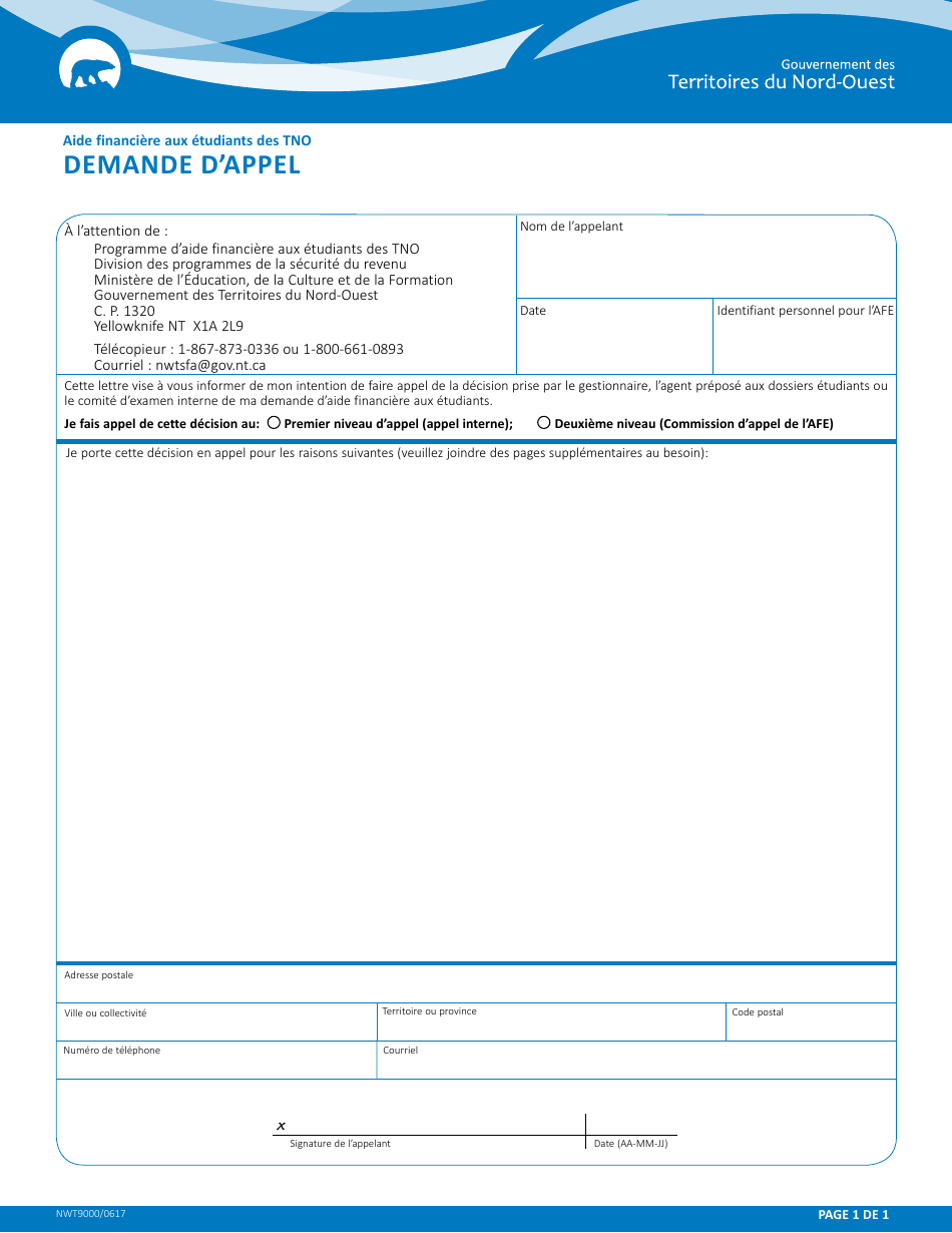 Forme NWT9000 Aide Financiere Aux Etudiants DES Tno Demande Dappel - Northwest Territories, Canada (French), Page 1
