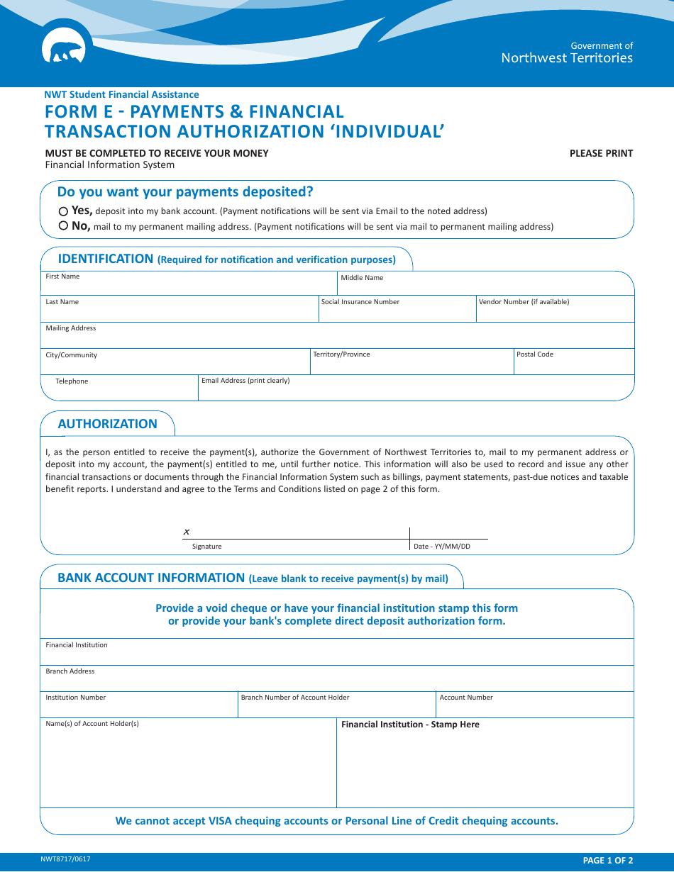 Form E (NWT8717) Payments  Financial Transaction Authorization individual - Northwest Territories, Canada, Page 1