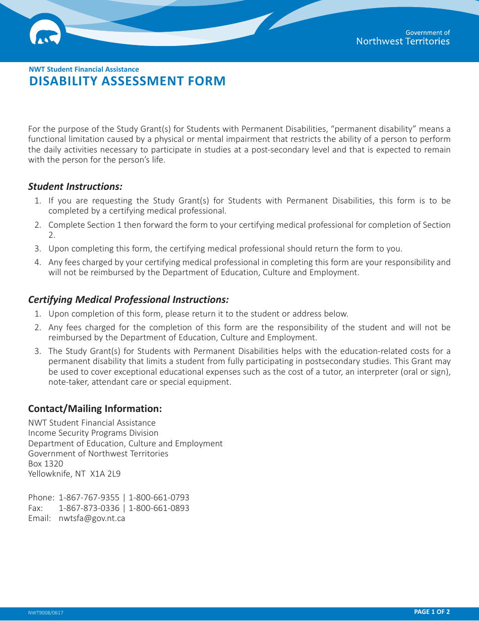 Form NWT9008 Disability Assessment Form - Northwest Territories, Canada, Page 1
