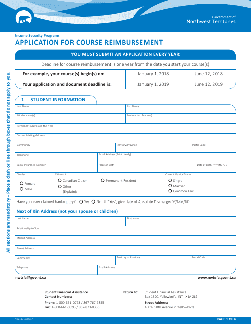 Form NWT8712 Application for Course Reimbursement - Northwest Territories, Canada