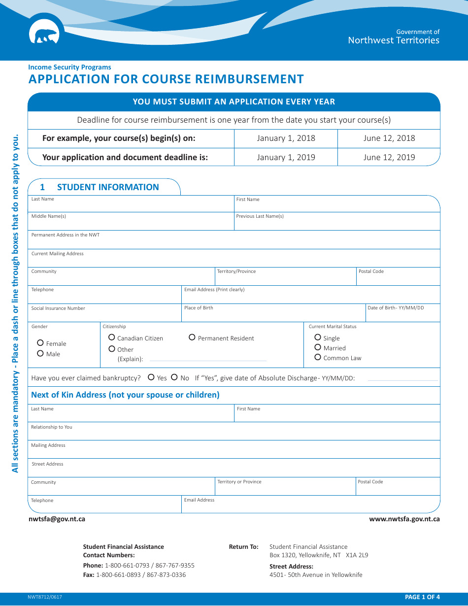 Form NWT8712 Application for Course Reimbursement - Northwest Territories, Canada, Page 1