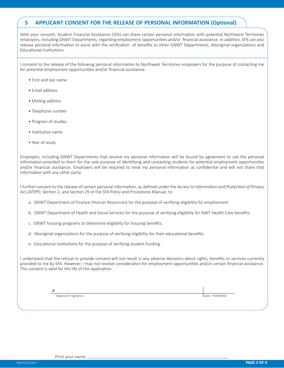 Form NWT8712 Application for Course Reimbursement - Northwest Territories, Canada, Page 3