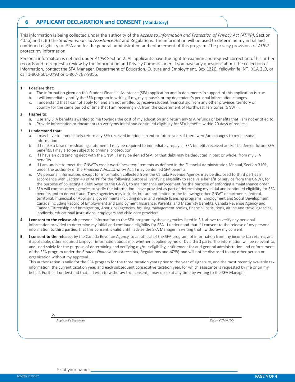 Form NWT8712 Application for Course Reimbursement - Northwest Territories, Canada, Page 4