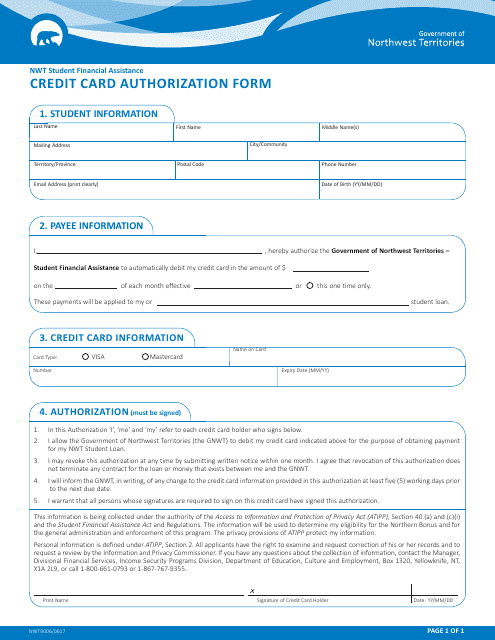 Form NWT9006 Credit Card Authorization Form - Northwest Territories, Canada