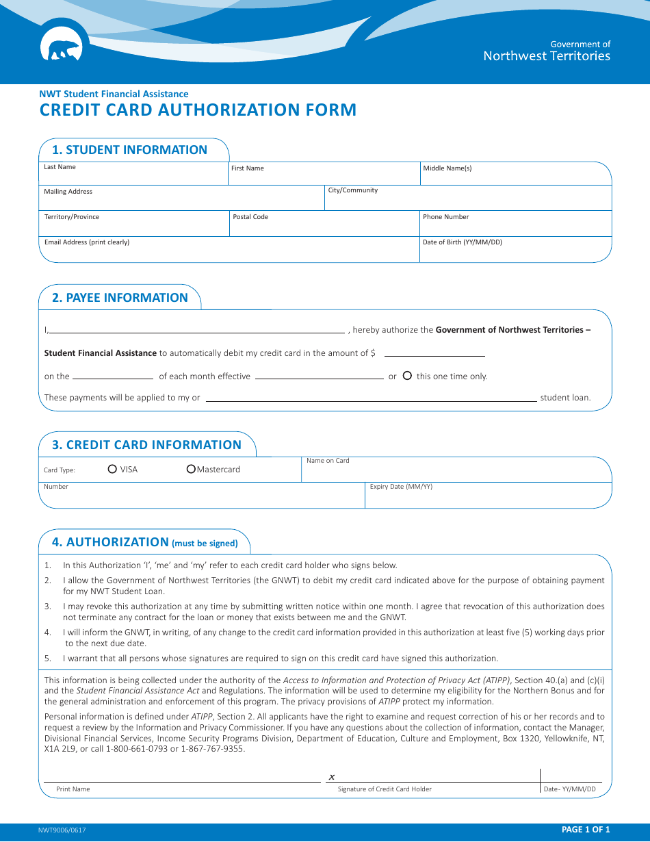 Form NWT9006 Credit Card Authorization Form - Northwest Territories, Canada, Page 1