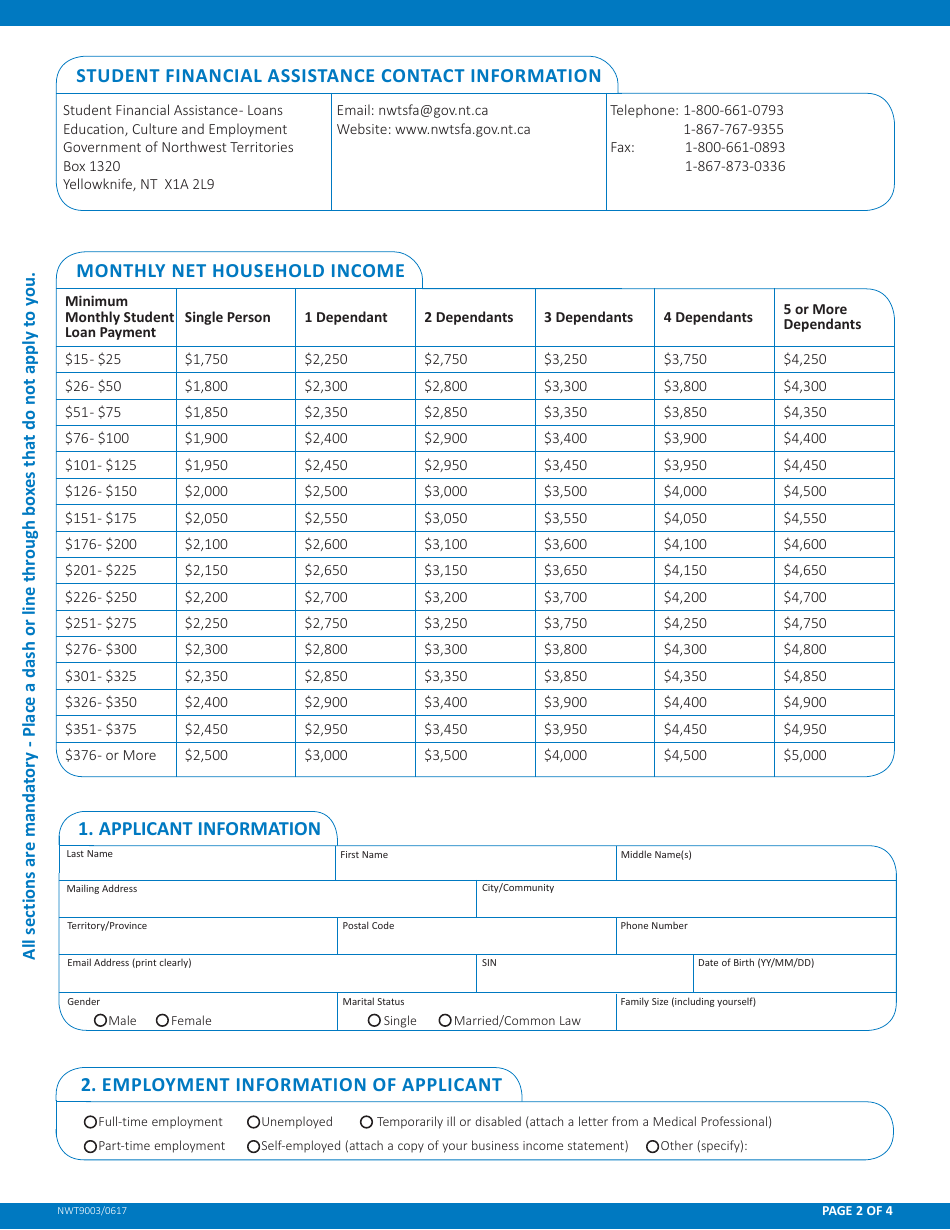 Form NWT9003 Application to Reduce Payments - Northwest Territories, Canada, Page 2