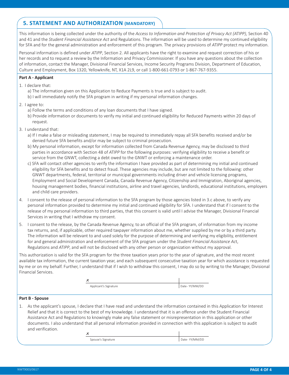 Form NWT9003 Application to Reduce Payments - Northwest Territories, Canada, Page 4